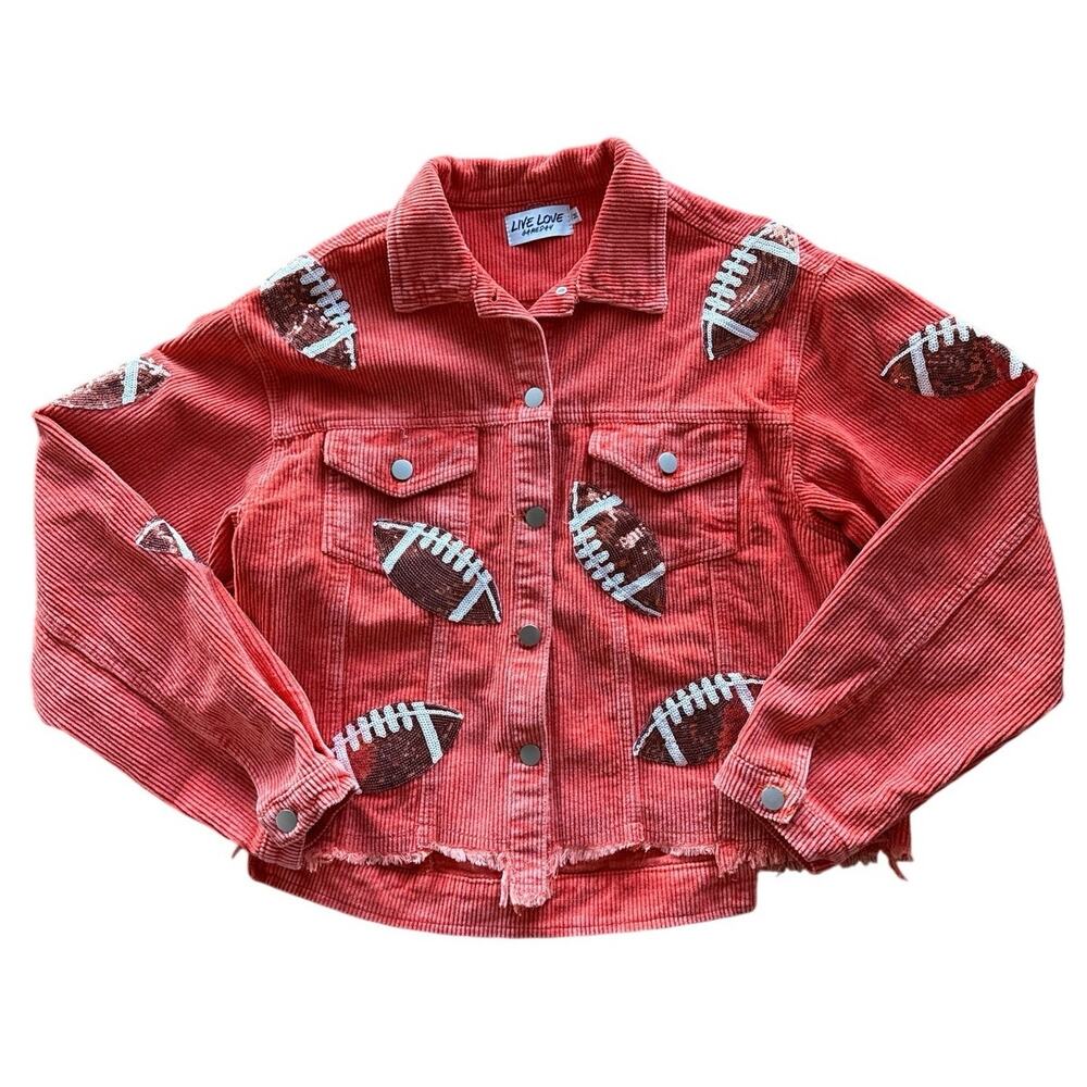 Women’s Live Love GameDay Orange Corduroy Football Sequin Button Shirt Medium